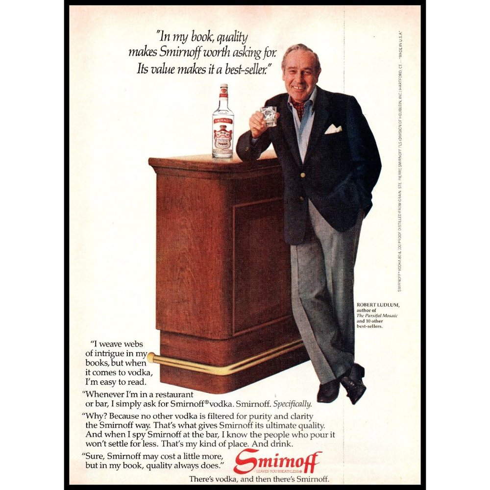 1983 Smirnoff Vodka Vintage Print Ad Author Robert Ludlum Mahogany Bar Wall Art